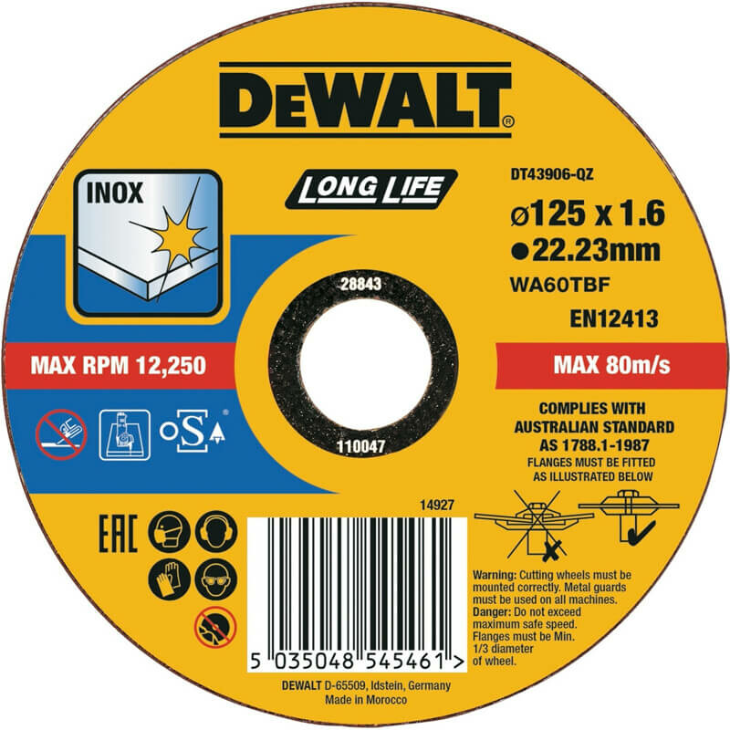 Круг отрезной DeWALT Long Life INOX 125х1.6х22.23 мм по нержавеющей стали (DT43906)