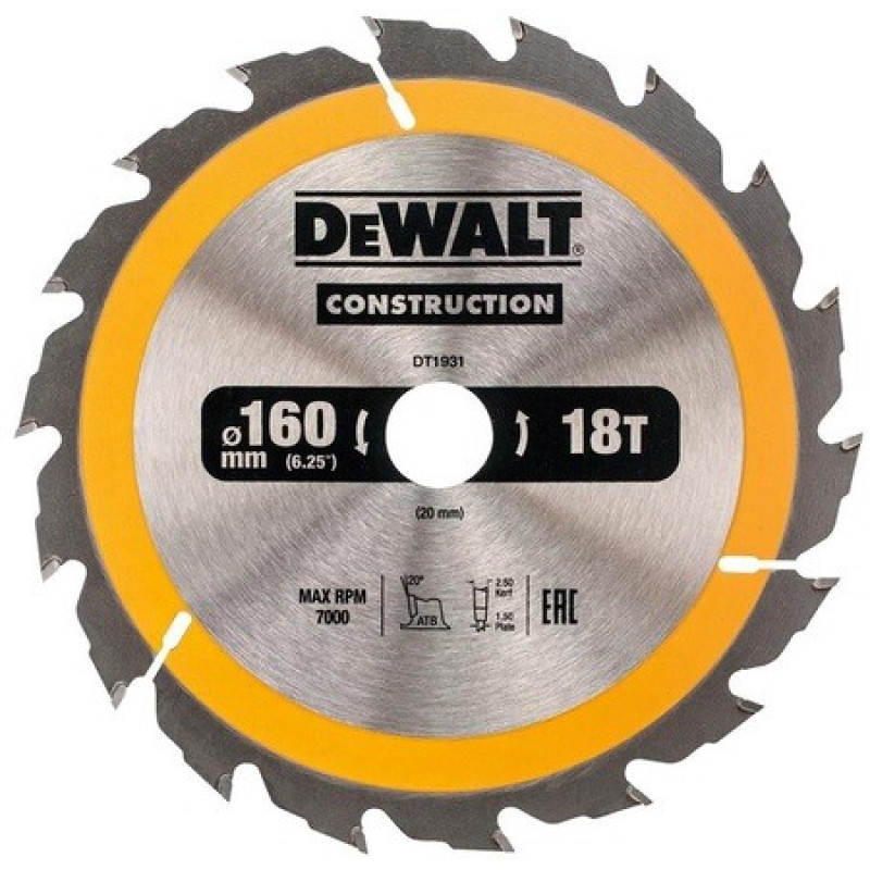 Диск пильный DeWALT 18 зубцов 160х20мм (DT1931)
