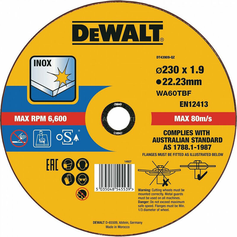 Круг отрезной DeWALT INOX 230х1.9х22.23 мм по металлу (DT43909)