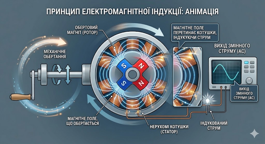 Принцип електромагнітної індукції: обертання магнітного поля всередині котушки створює змінний електричний струм., фото 2