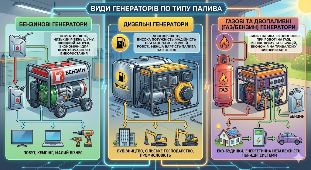порівняння генераторів по типу палива: бензинові, дизельні, газові (комбіновані)