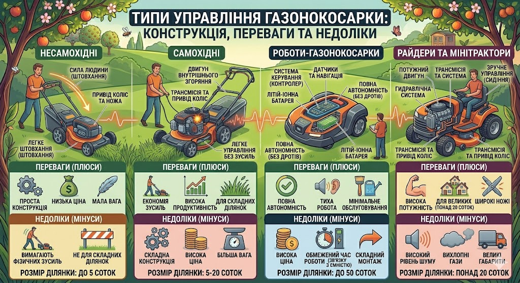 тип управління газонокосарки