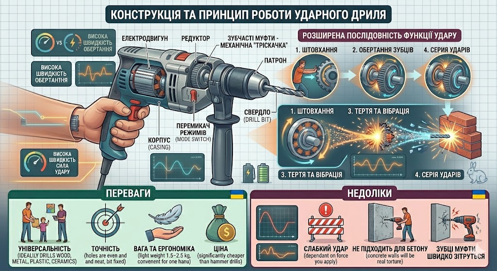 Конструкція та принцип роботи ударного дриля